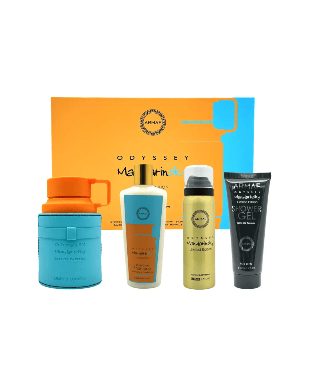 Armaf Odyssey Mandarin Sky – Citrus, Amber, Vanilla – 4-Piece Gift Set for Men (3.4 oz Eau de Parfum + 3.4 oz Shower Gel + 1.7 oz Body Spray + 8.4 oz Shampoo)
